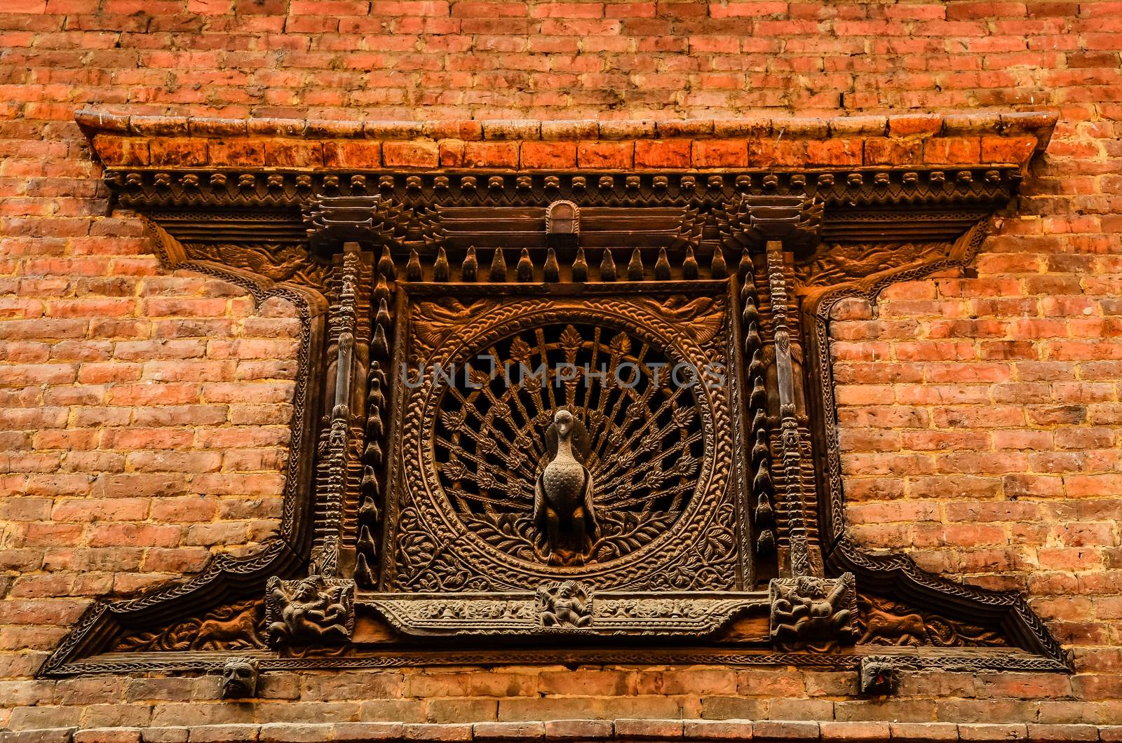 Detail of carved peacock window in Bhaktapur, Nepal by martinm303