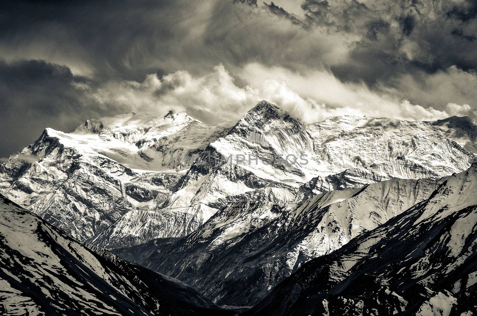 Himalayas mountains mochrome scenic view with dramatic sky by martinm303