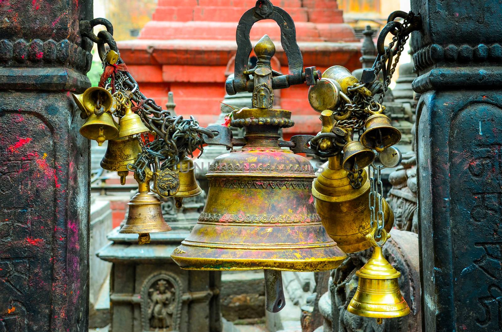 Detail of prayer bells in buddhist and hindu temple, Kathmandu by martinm303