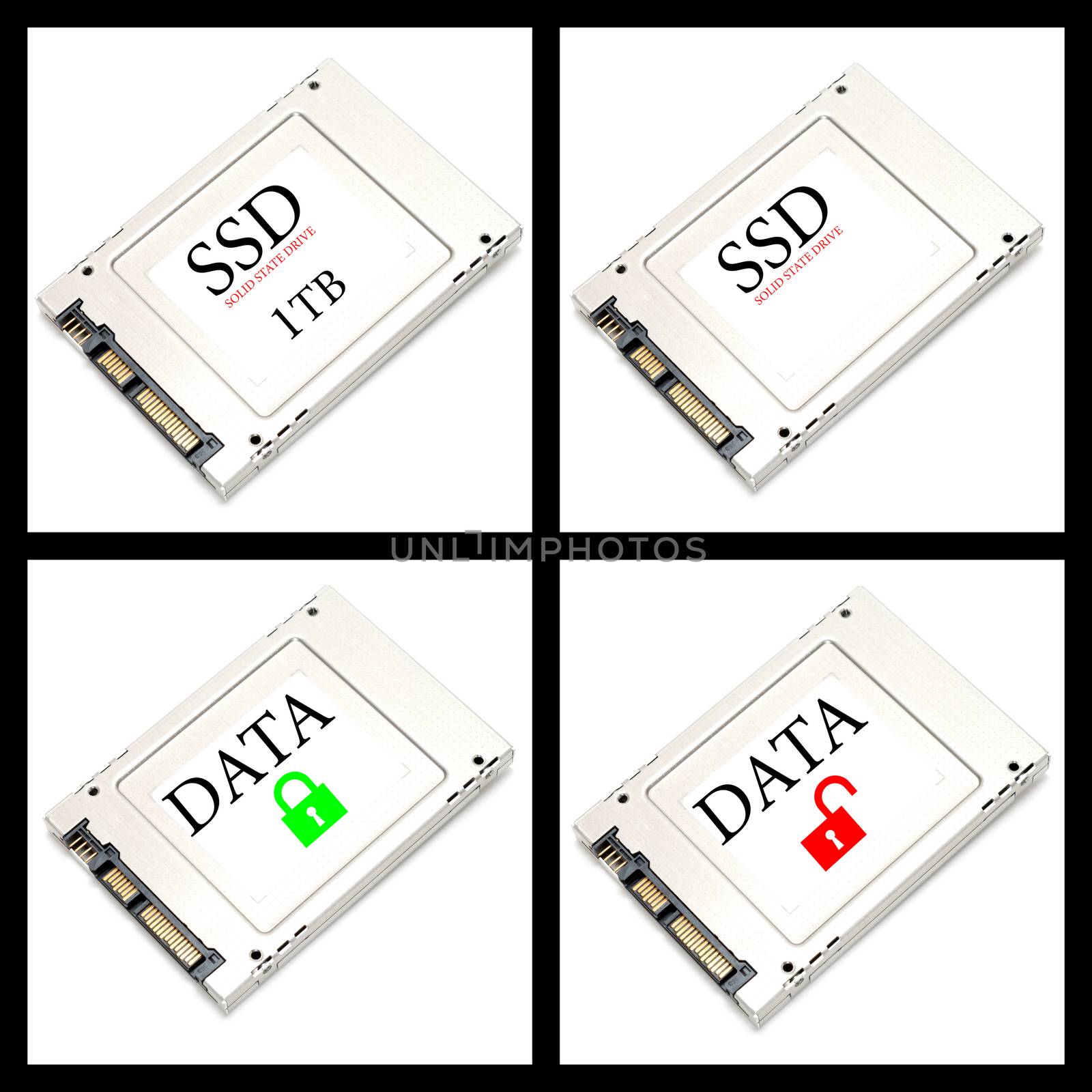 Collage four SSD drives on white background