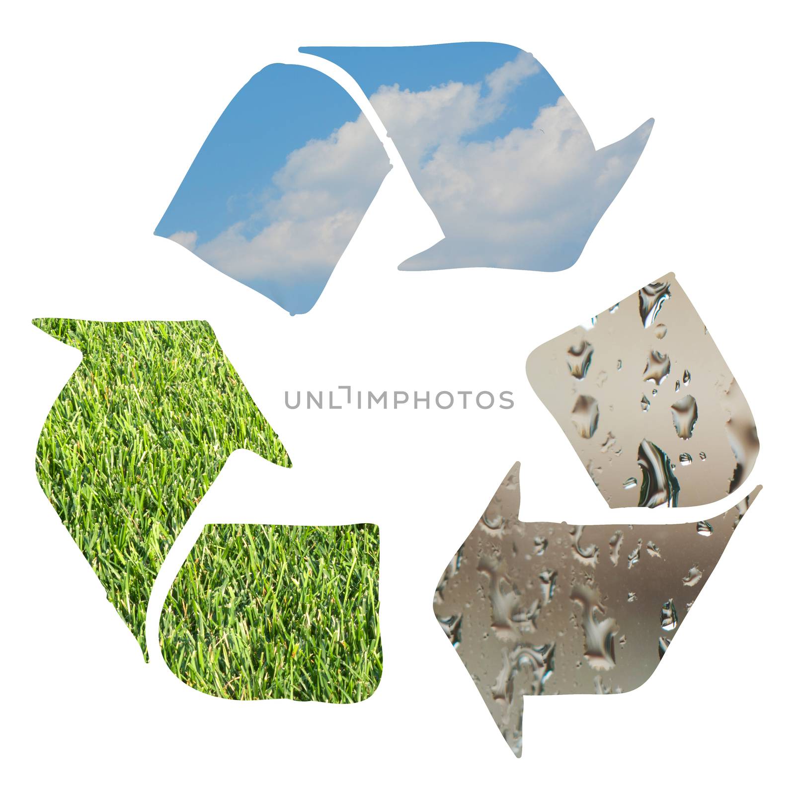 Recycle sign made with grass, clouds and water droplets  on white background