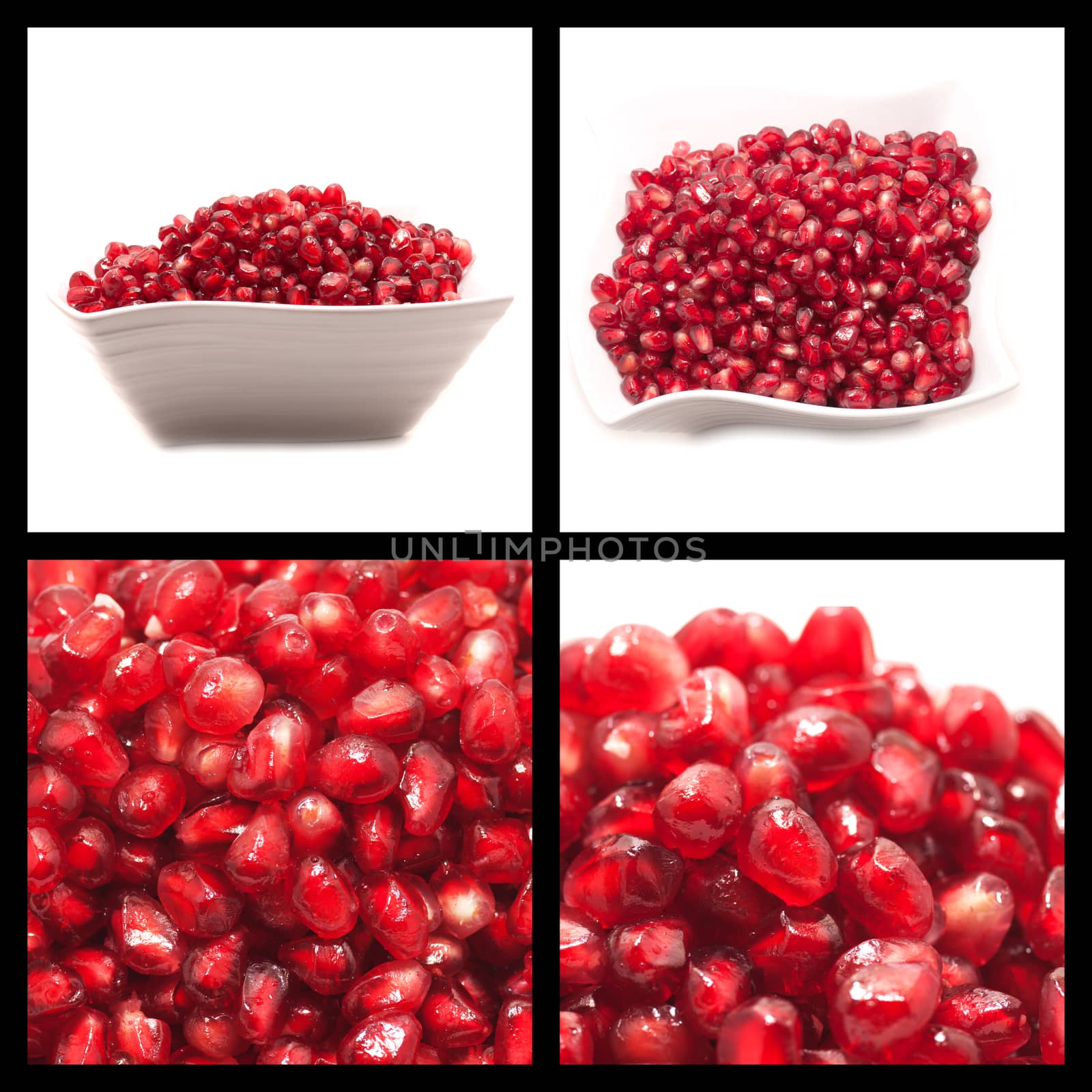 Collage of four fresh pomegranate seeds