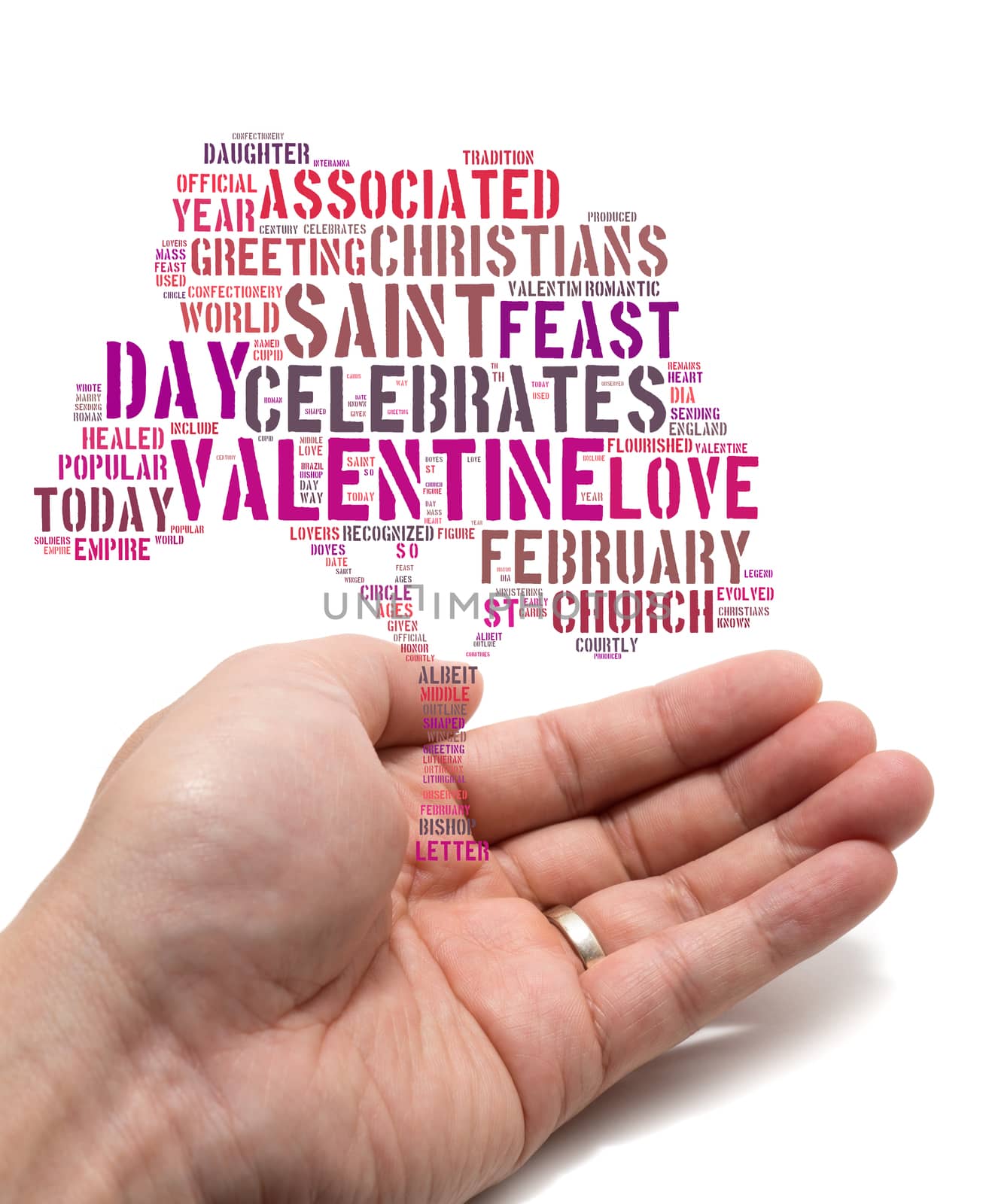 Valentine concept Asian male holding a tree shape tag cloud on white background