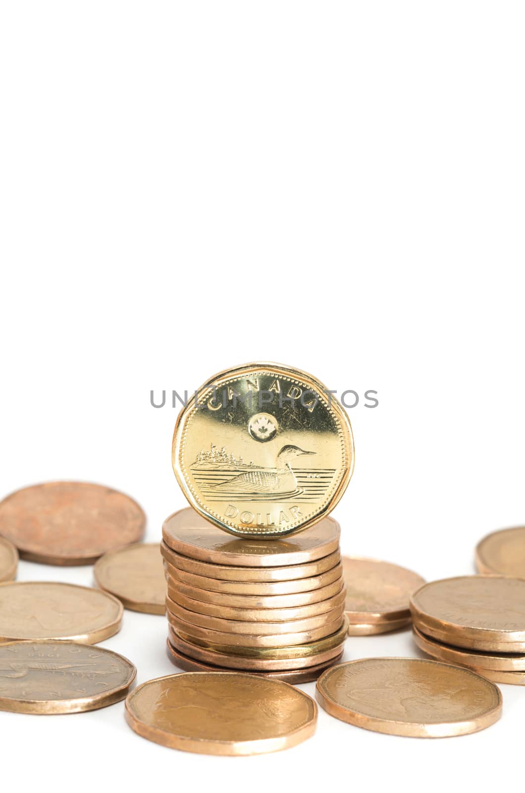 One Canadian dollar coins stack on white background
