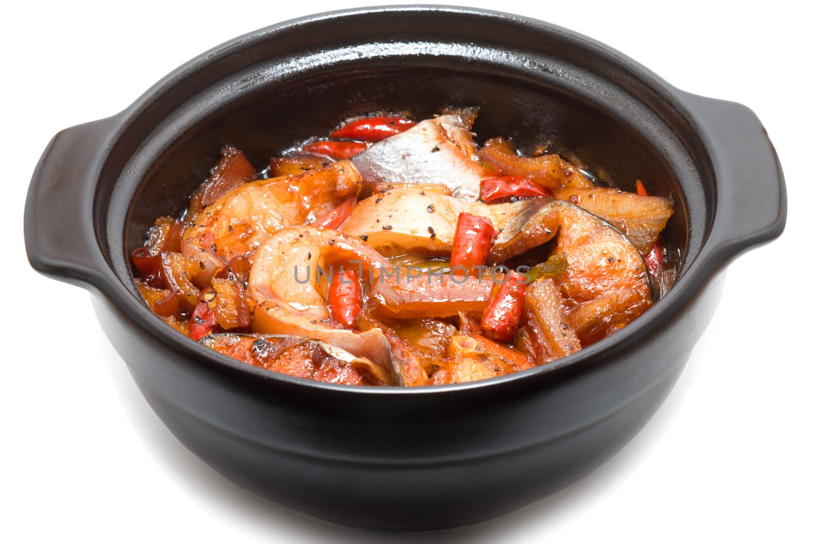 Vietnamese Fish Simmered in Caramel Sauce Ca Kho To  on white background
