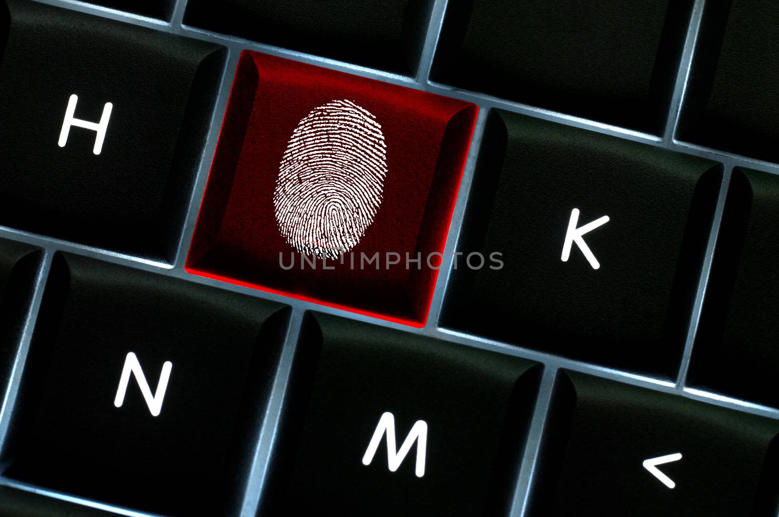 Online crime scene concept with the fingerprint left on a backlit keyboard