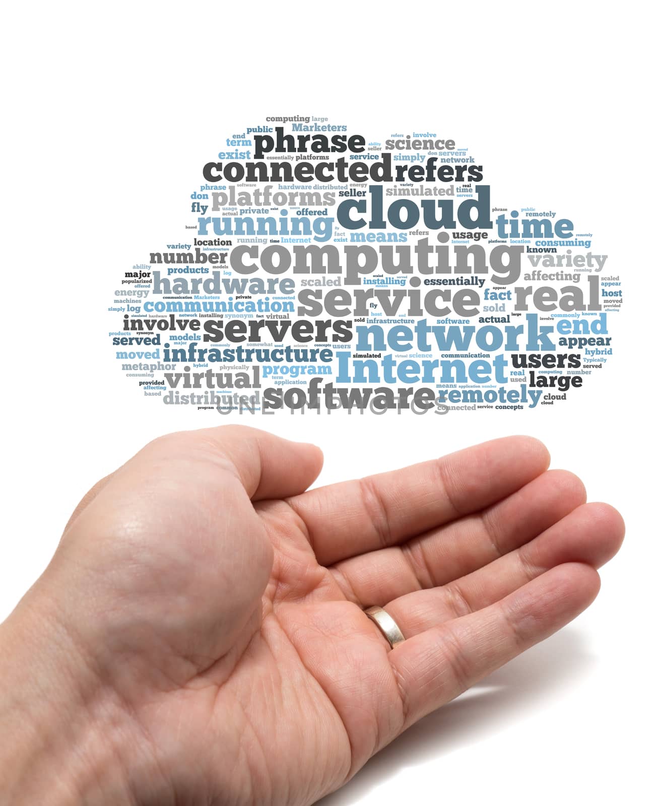 Cloud computing concept with Asian hand open under a tag cloud