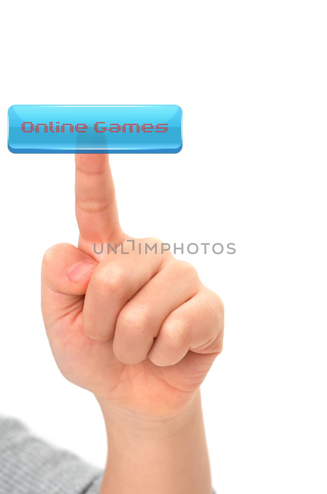 Asian Child finger Touching an online games button on virtual screen on white background