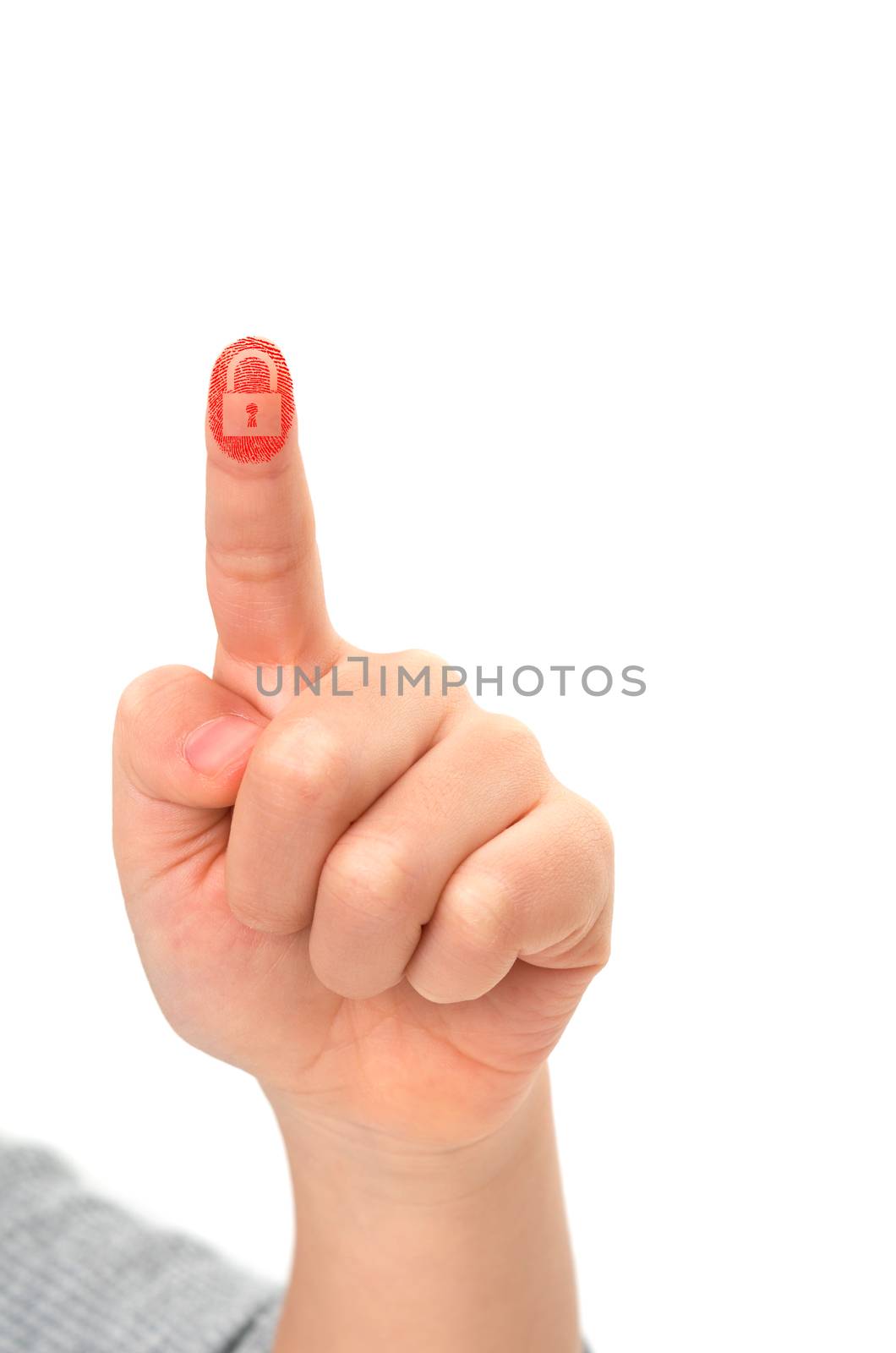 Asian child finger touching virtual screen leaving red fingerpri by daoleduc