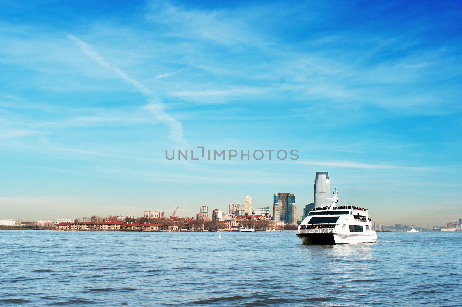 Luxury yacht transporting passengers on Hudson river New York