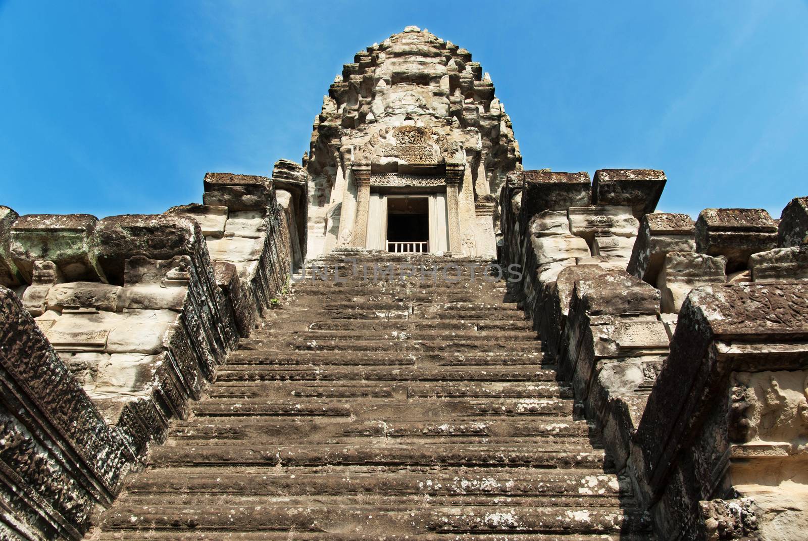 Stone steps leading to Angkor Wat stone tower, Cambodia, Asia 