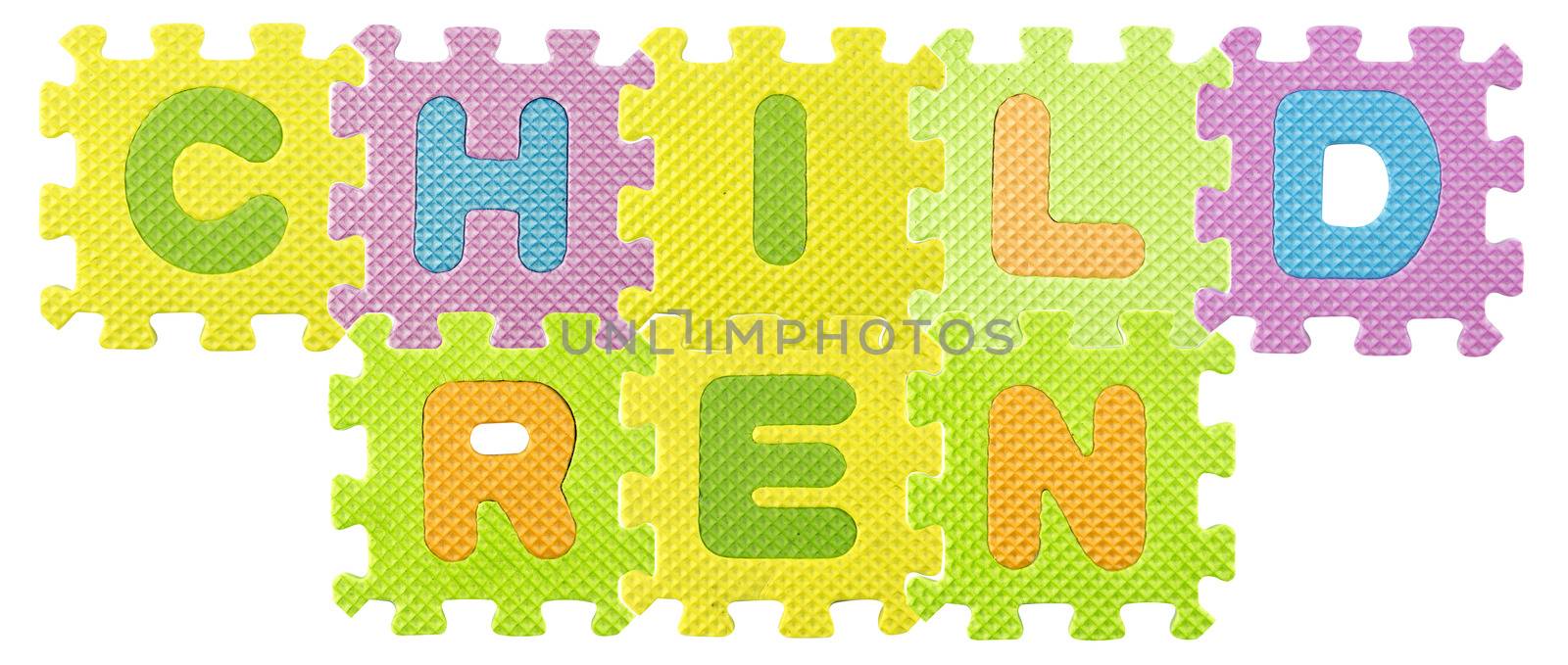 Children word created from Alphabet puzzle isloated on white background , with clipping path.