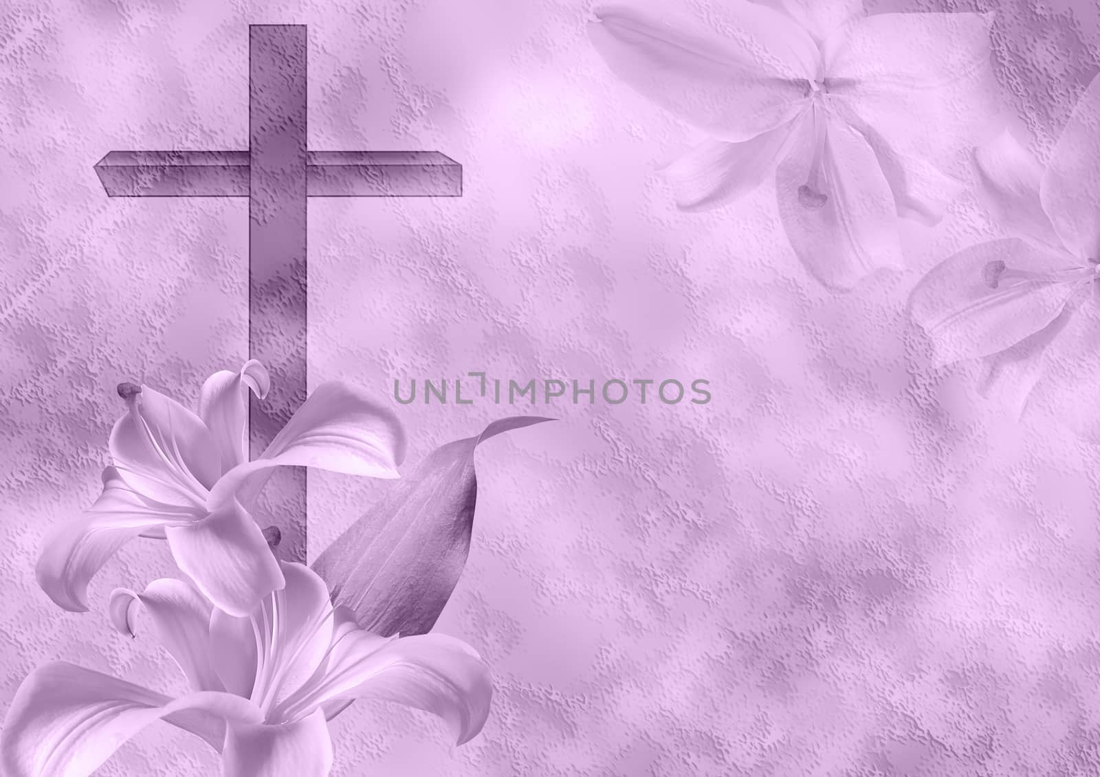 Christian cross and lily flower on purple background