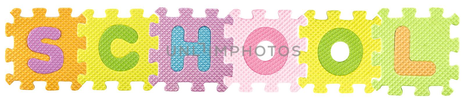 School word created from Alphabet puzzle isloated on white background , with clipping path.