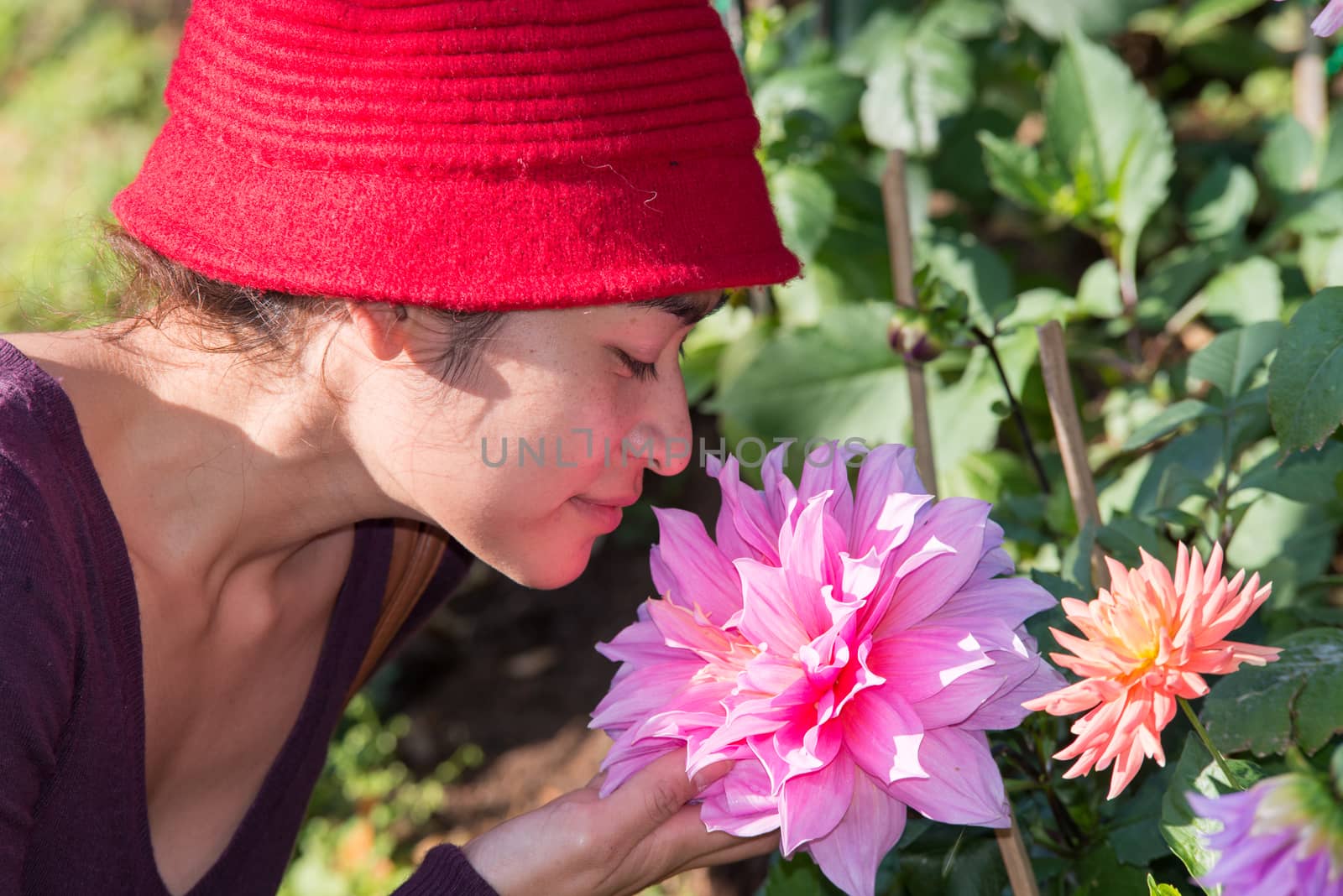 Portrait of asia woman and pink dahlia flower in garden