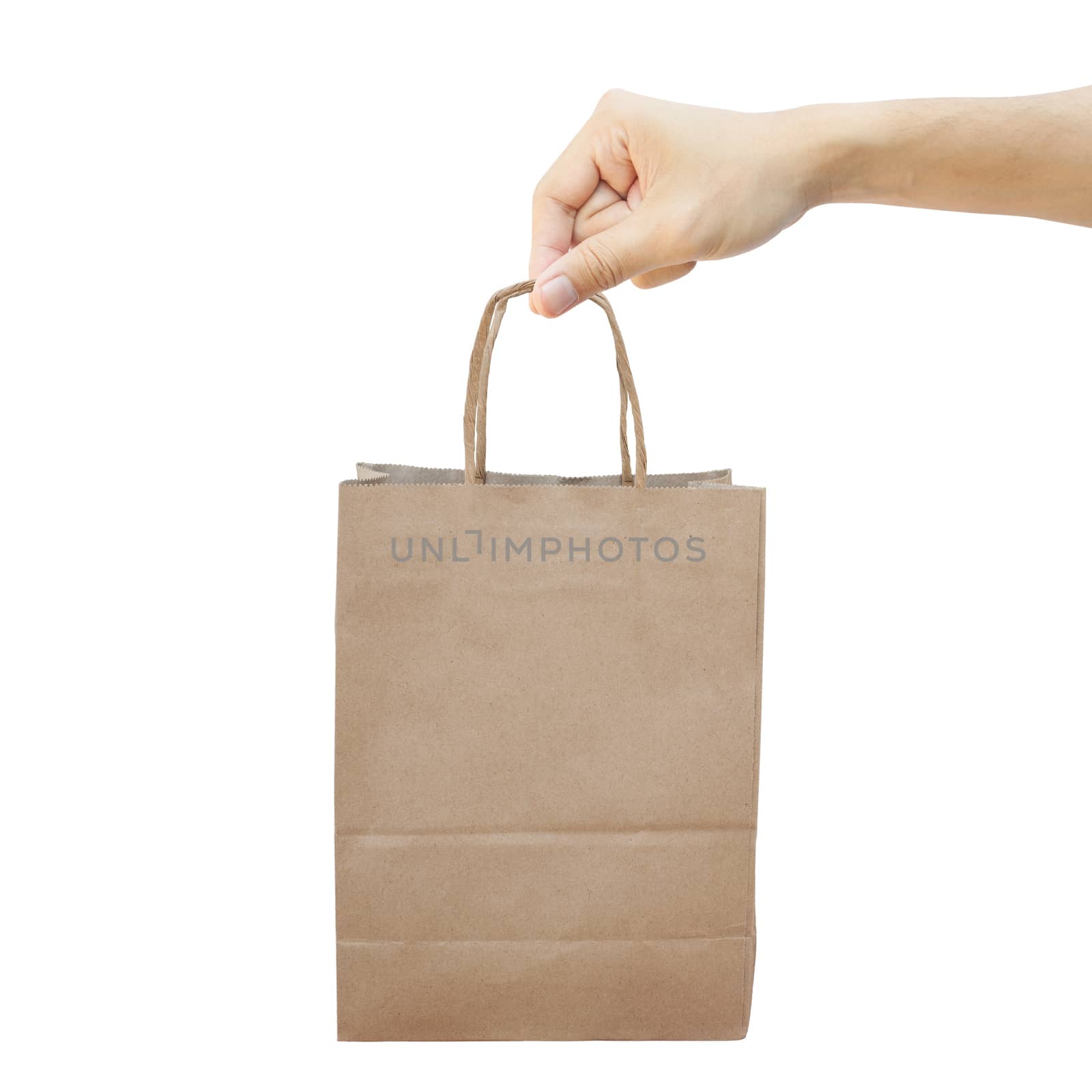 Hand With Paper Shopping Bag Isolated On White by 2nix