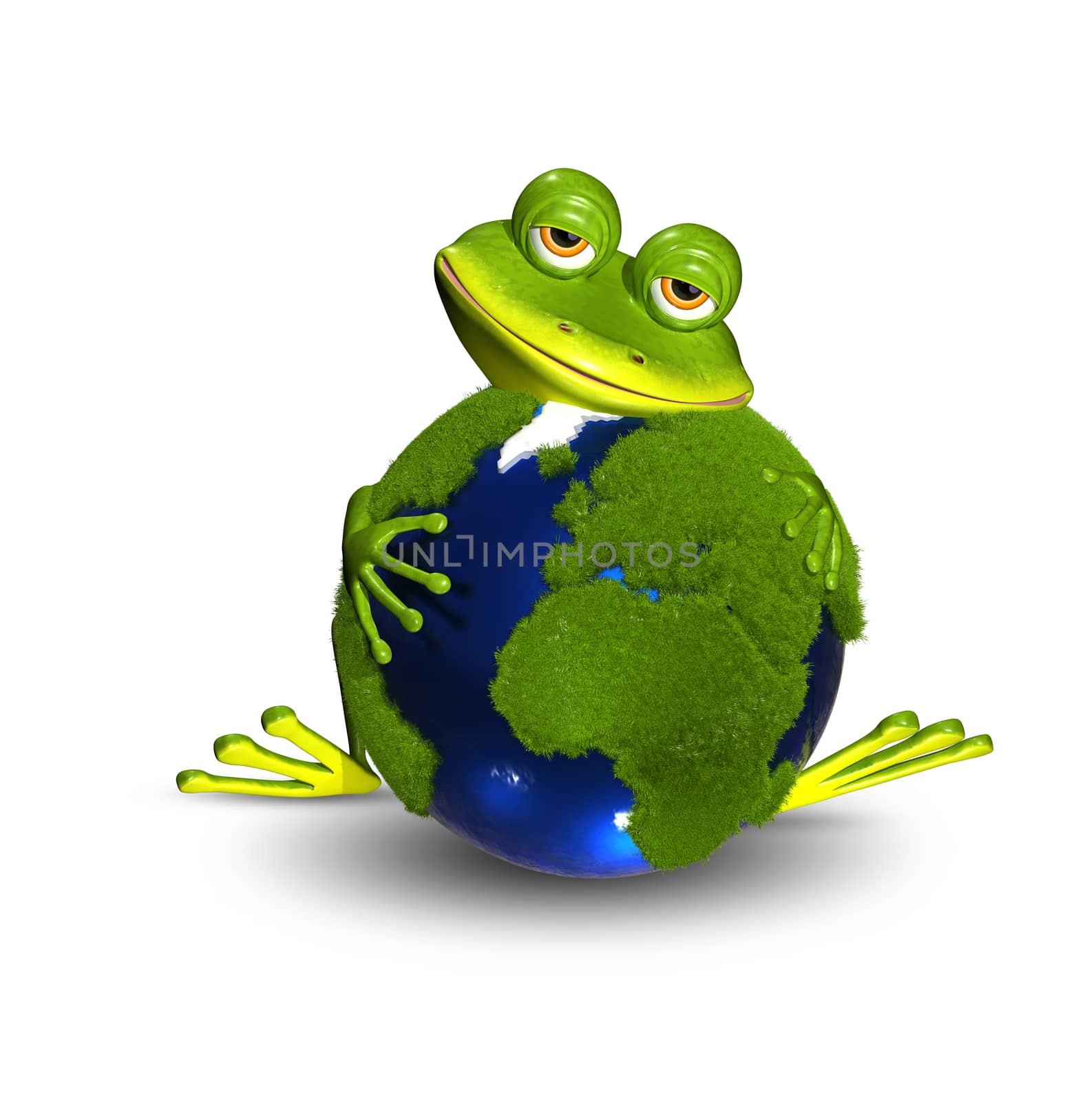 illustration merry green frog and blue globe