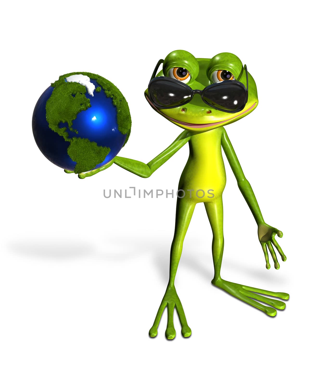 illustration merry green frog and blue globe