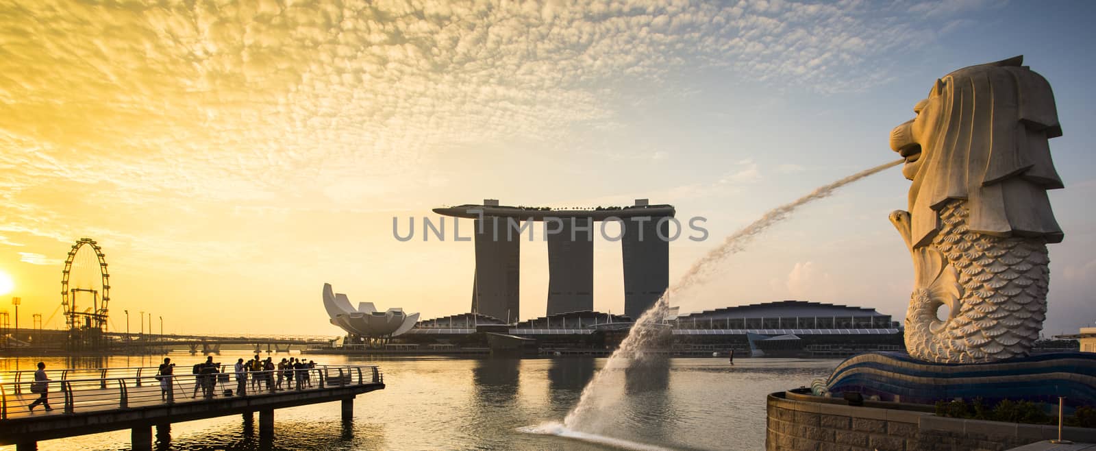 Singapore landmark Merlion with sunrise Panorama