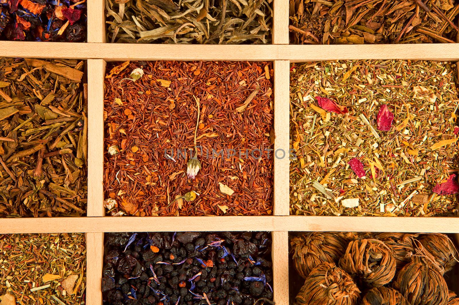Luxurious and delicious tea collection in wooden box.