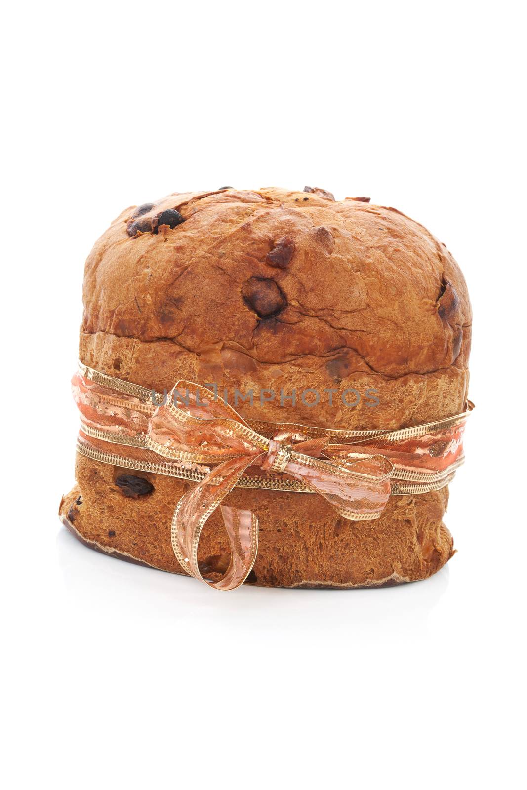 Traditional italian panettone fruit cake with brown ribbon isolated on white background. Culinary sweet dessert.