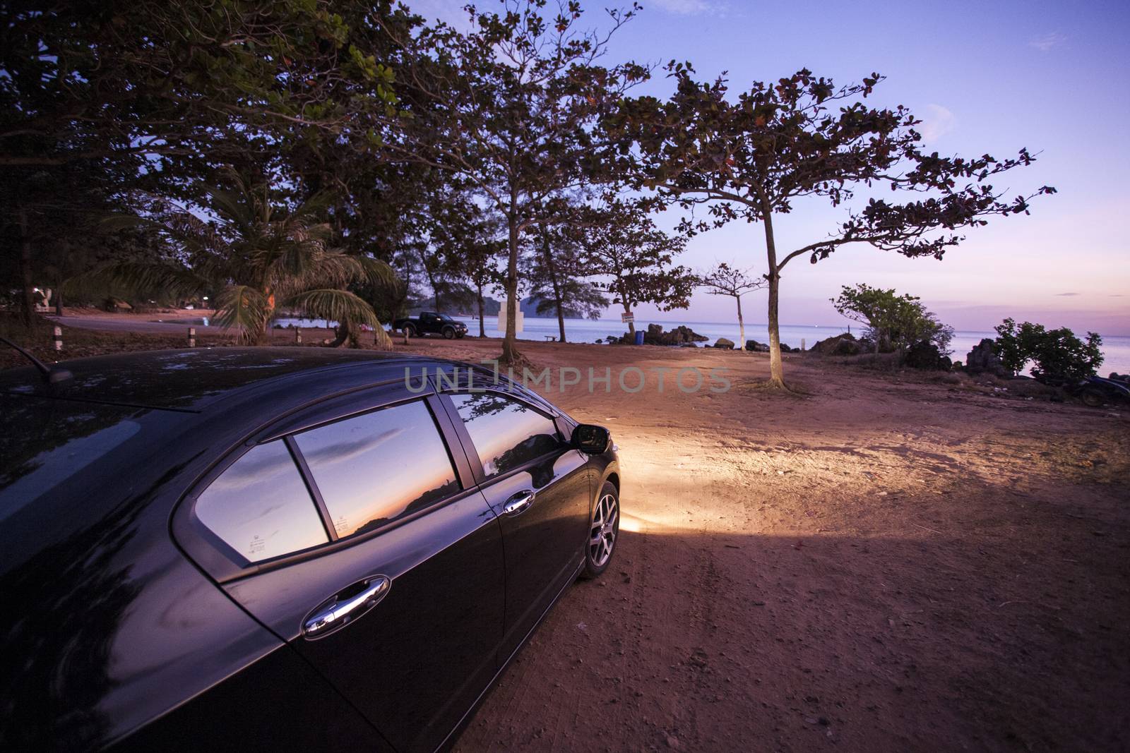 Car with sunset viewpoint