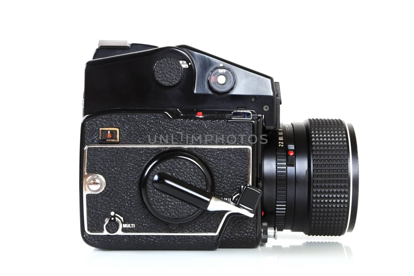 Side view - Retro medium format SLR camera from the seventies on white background. 