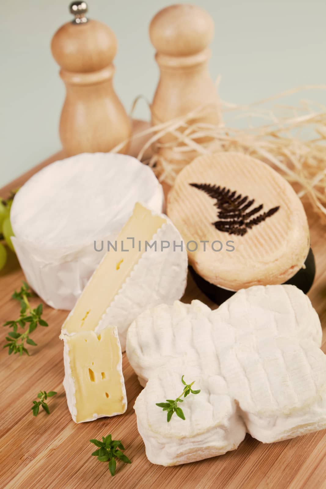 Luxurious cheese variation arranged on wooden board with fresh herbs.