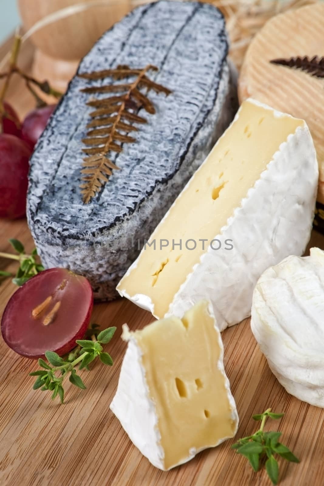 Delicious cheese variation on wooden board with grapes and fresh herbs.