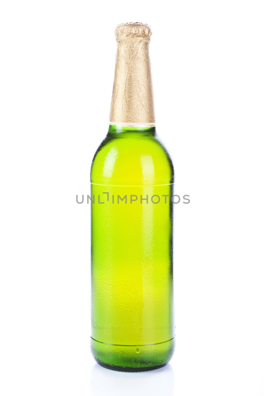 Luxurious cold green beer bottle without label isolated on white background. Cool summer concept.