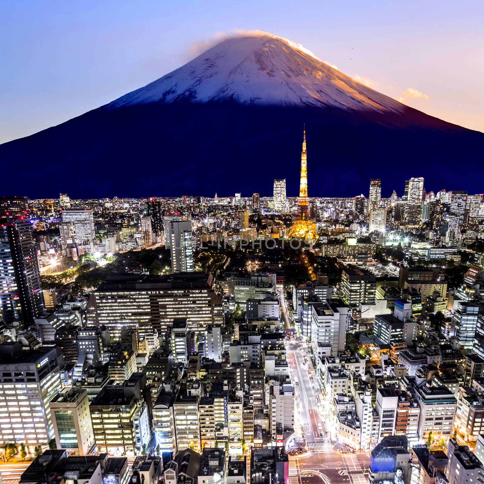 Mount Fuji and tokyo city in twilight