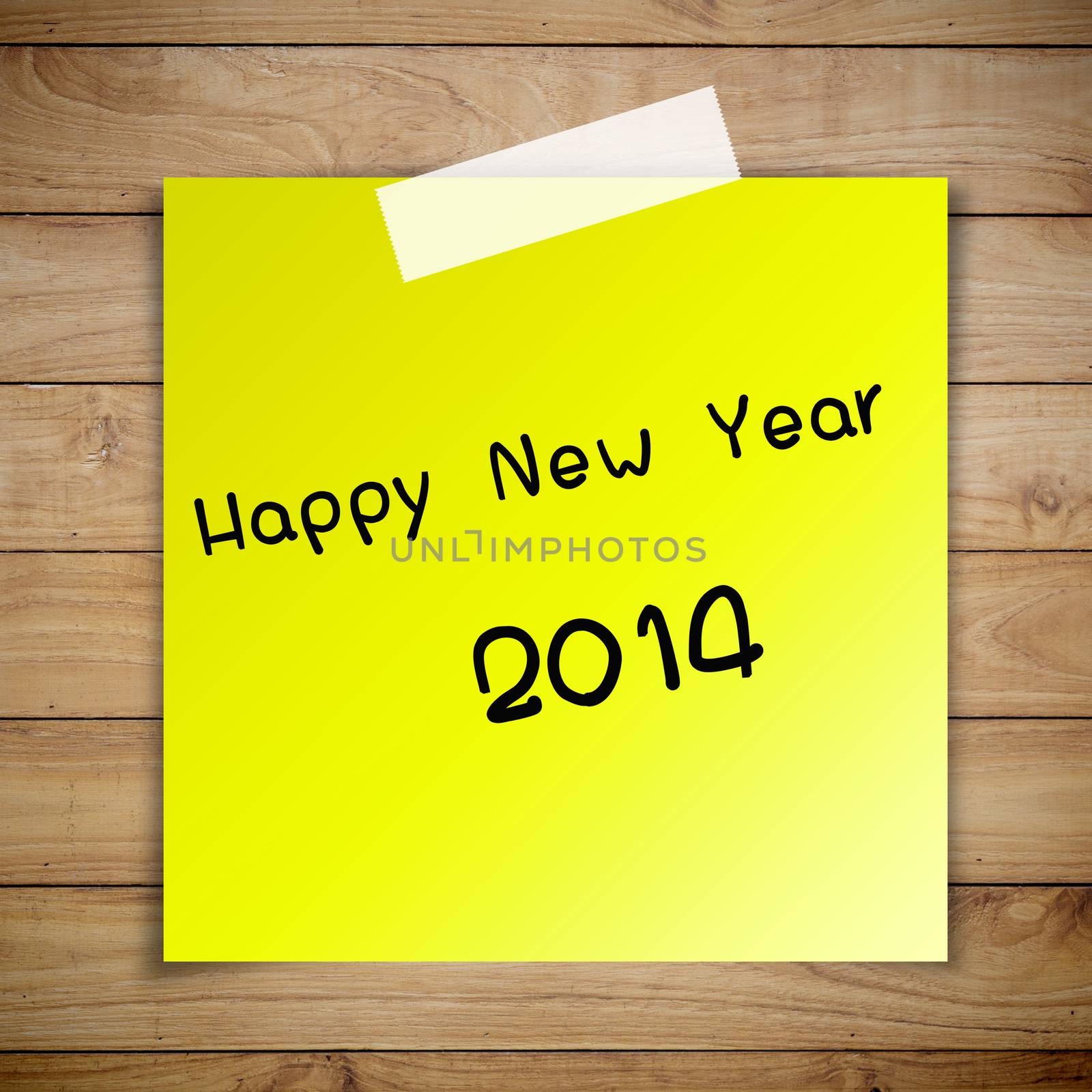 Happy New Year 2014 on sticky paper on Brown wood plank wall texture background