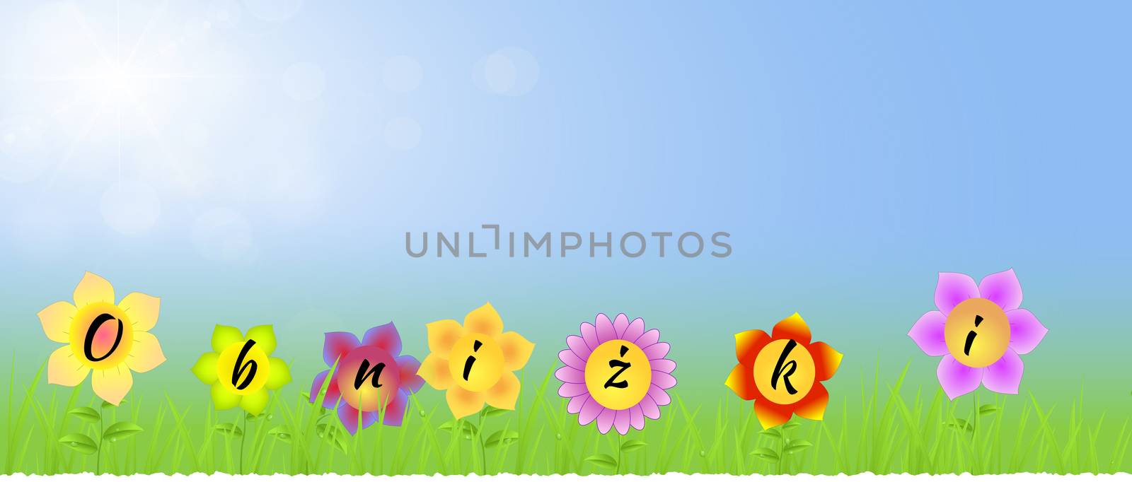 Banner with Spring sale on the flowers with blue sunny background with grass,raindrops,leaves as spring landscape