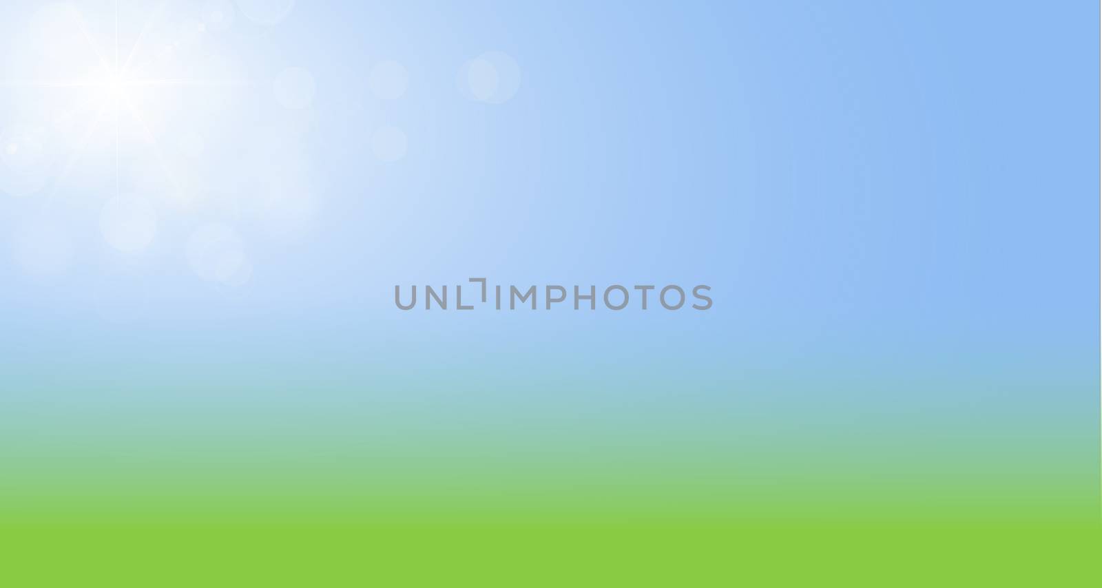 Green and yellow blurry sunny background with blue sky. Nature background on the website as template.