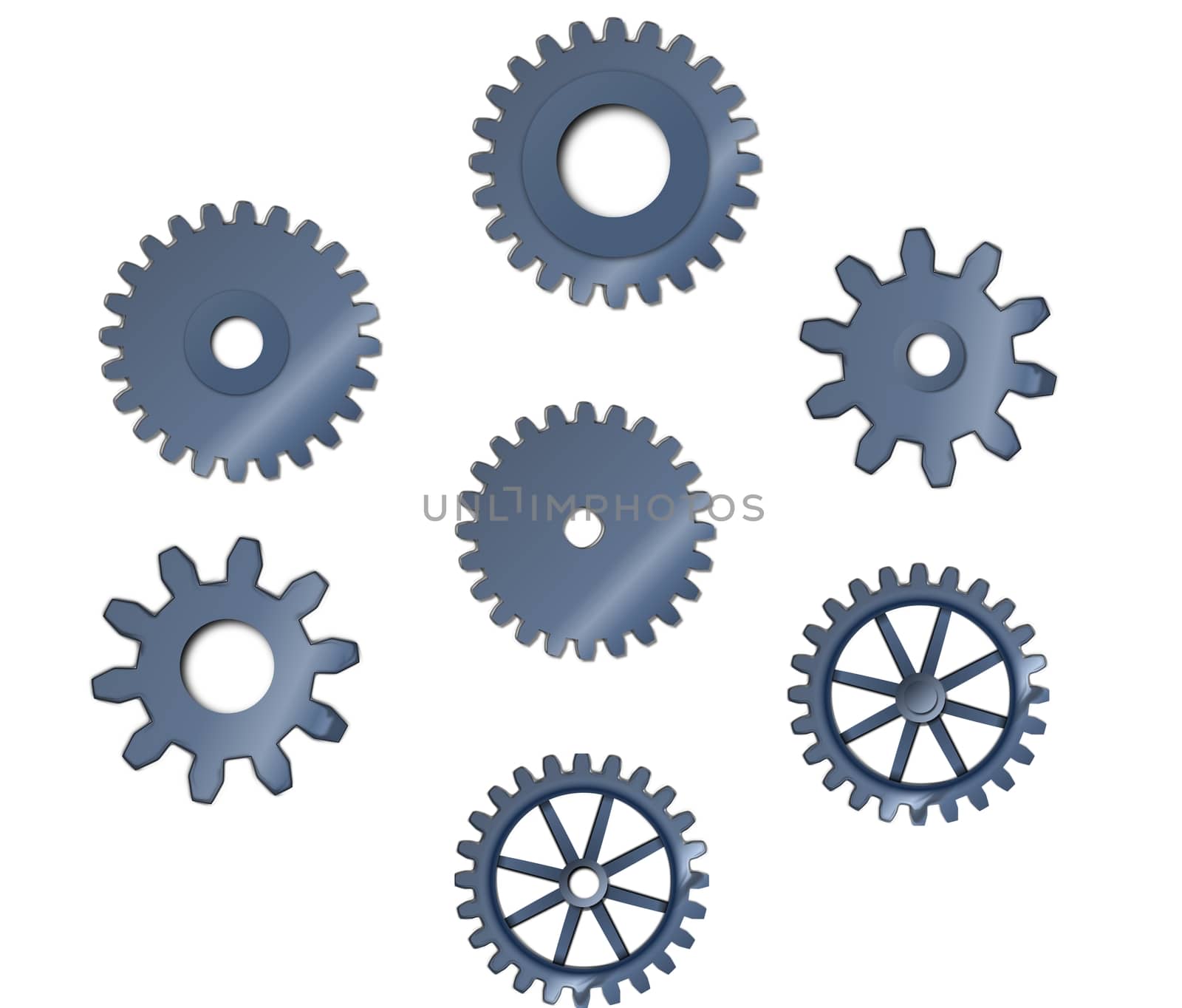 Set of abstract steel toothed wheels cogs, mechanism isolated on a white background