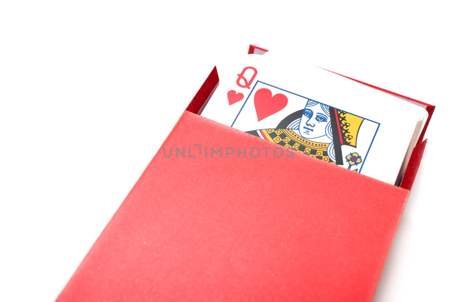A pack of card showing a queen of heart inside a red box isolated on white background
