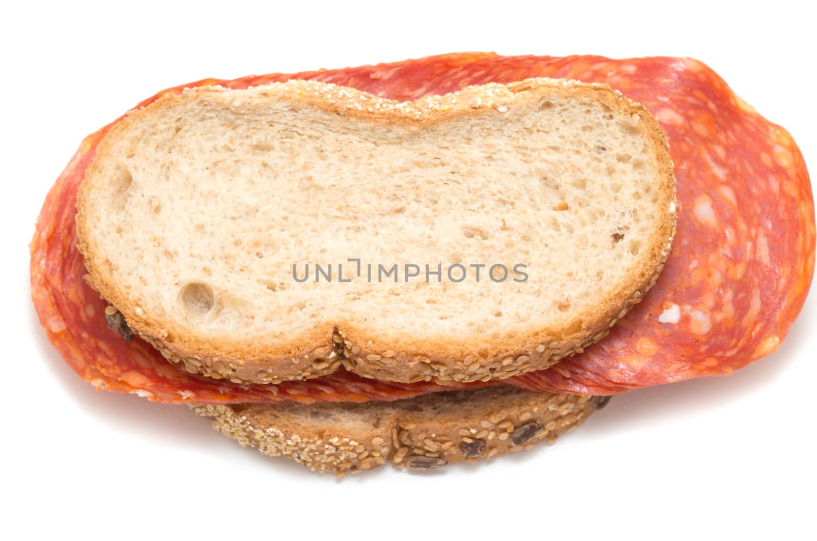 Salami sandwich on white background