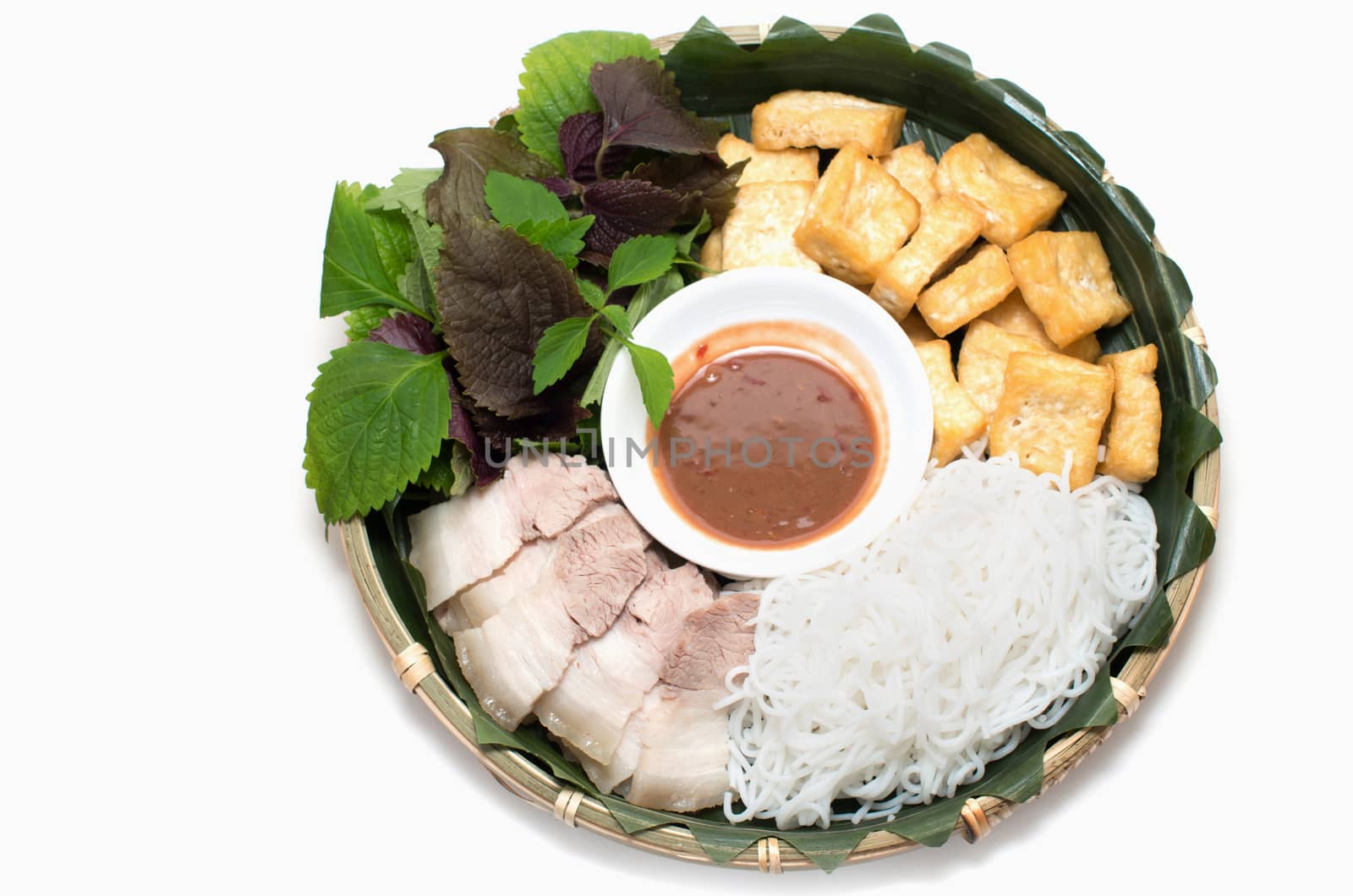 Vietnamese traditional plate pork vermicelli  tofu and vegetable