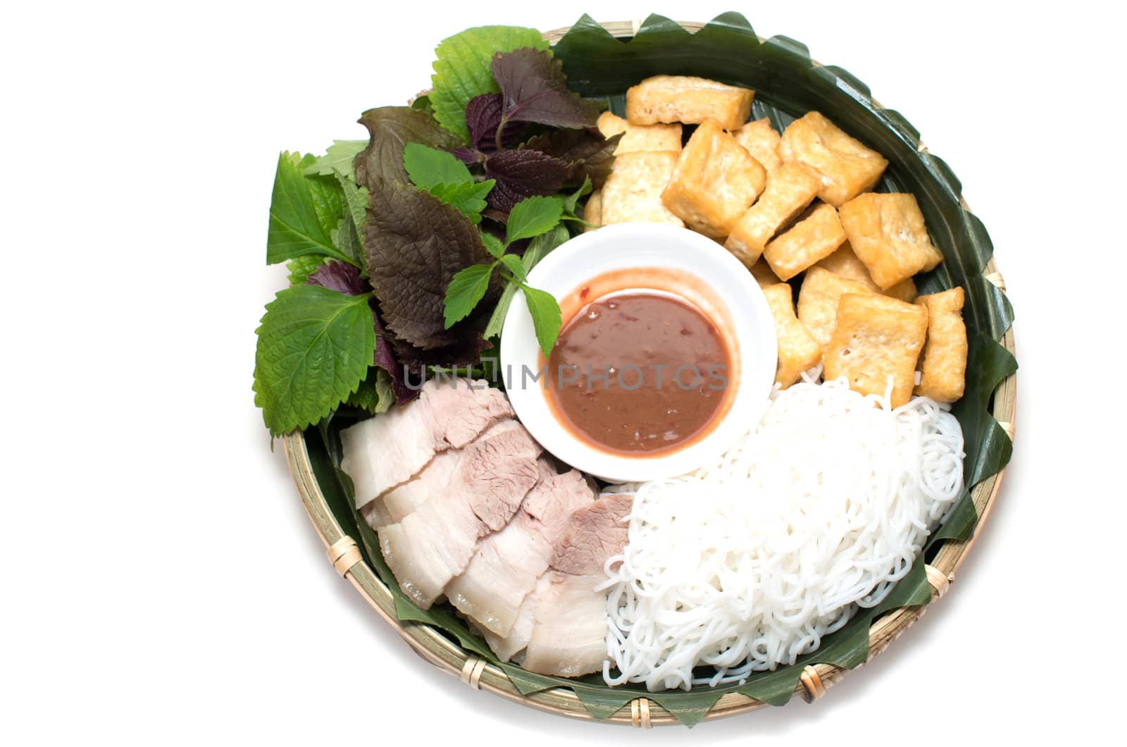 Vietnamese traditional plate pork vermicelli  tofu and vegetable