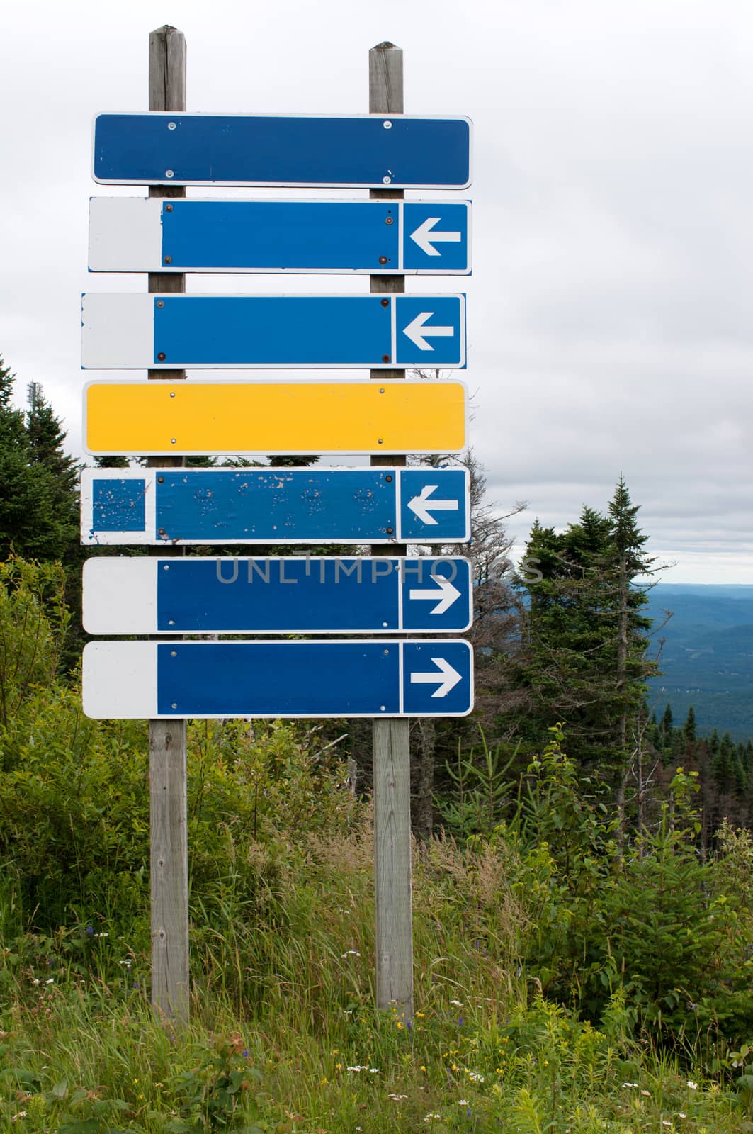 Empty Signpost on top of the mountain with several empty boards