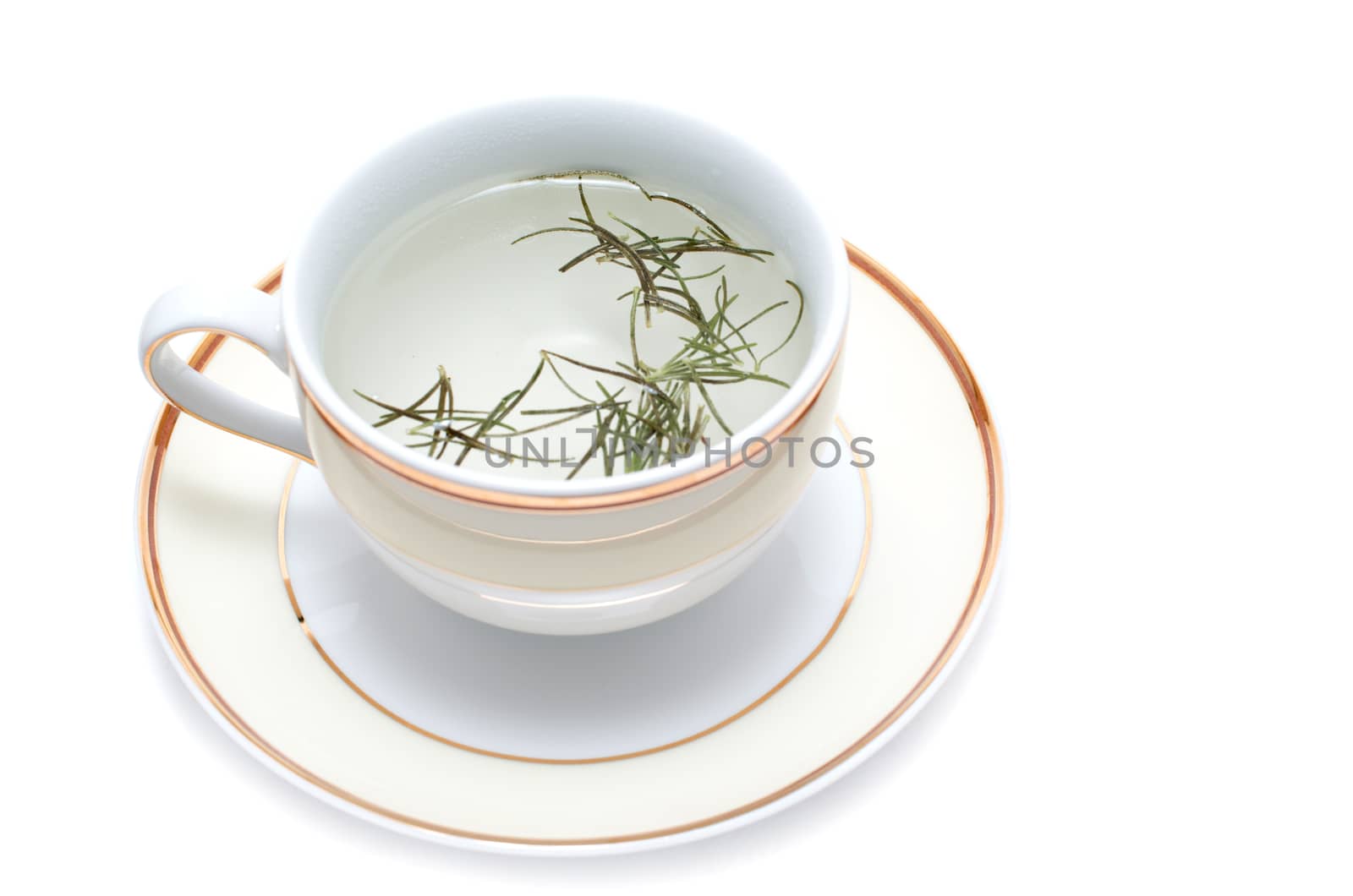 Homemade rosemary tea on white background