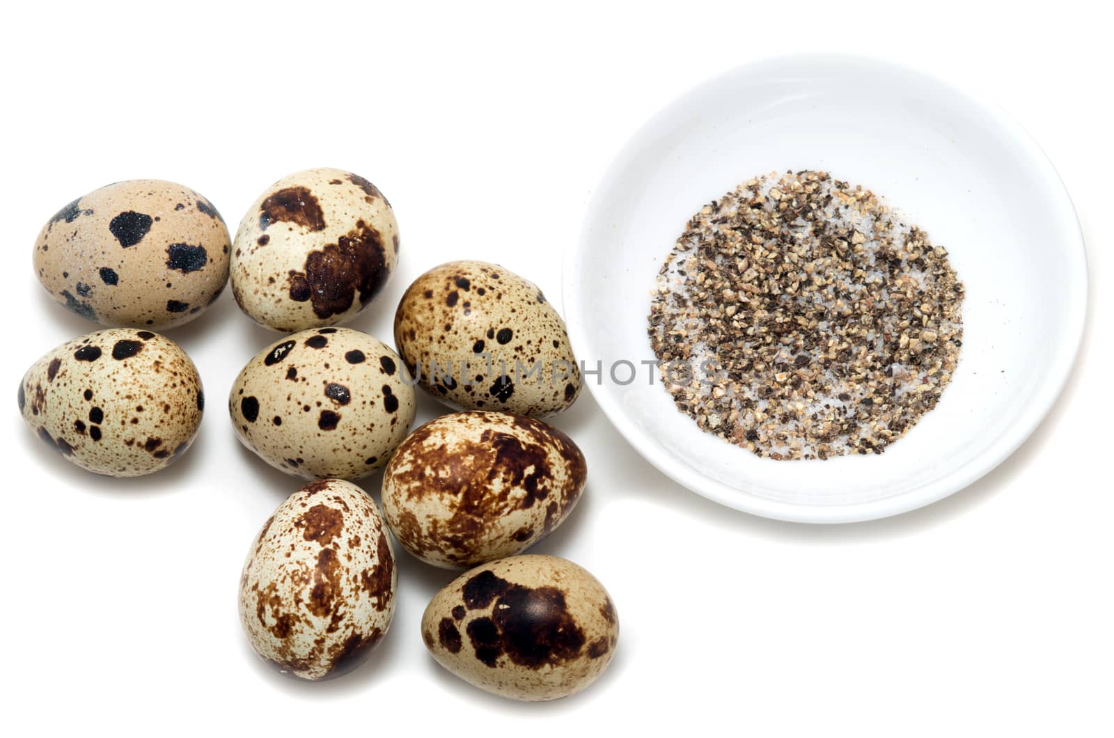 Eight quail eggs salt and pepper on white background