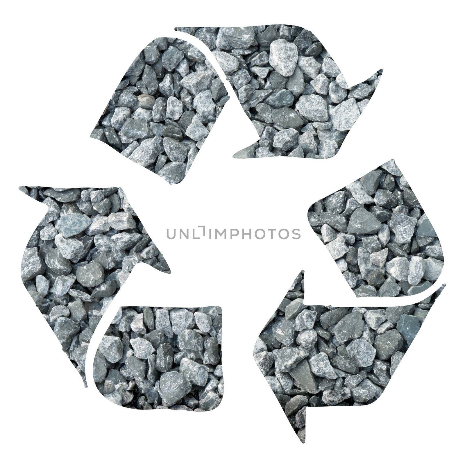 Recycle sign made with gray gravel on white background