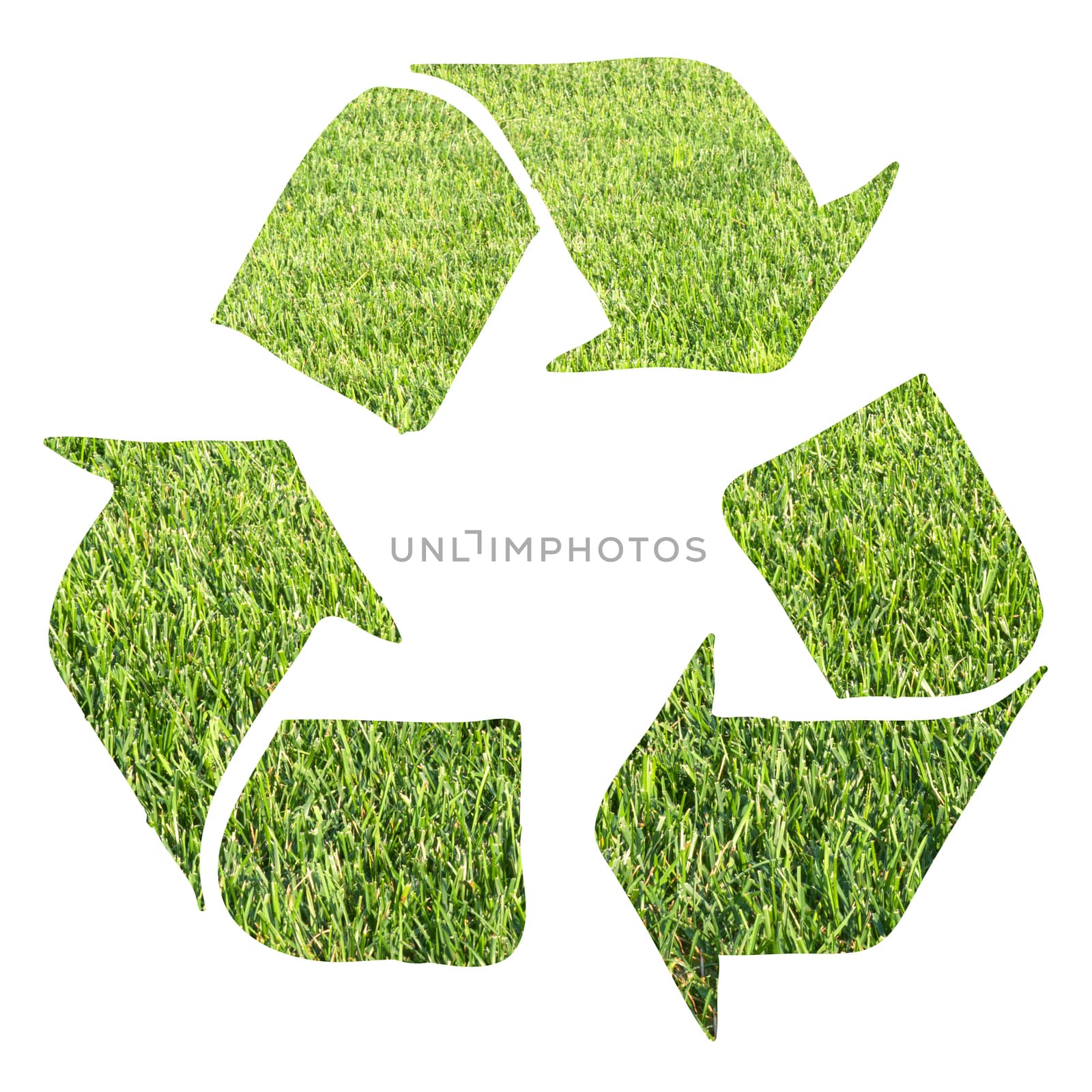 Recycle sign made with grass gradually fading in each arrow  on white background