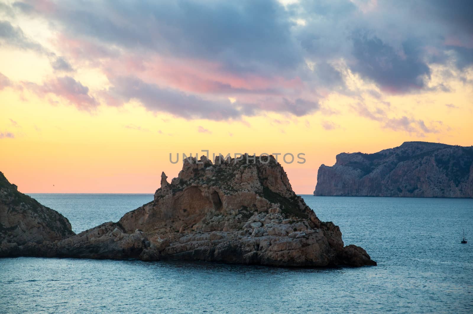 Small islands and sunset, February, Es Malgrat, Majorca, Spain.