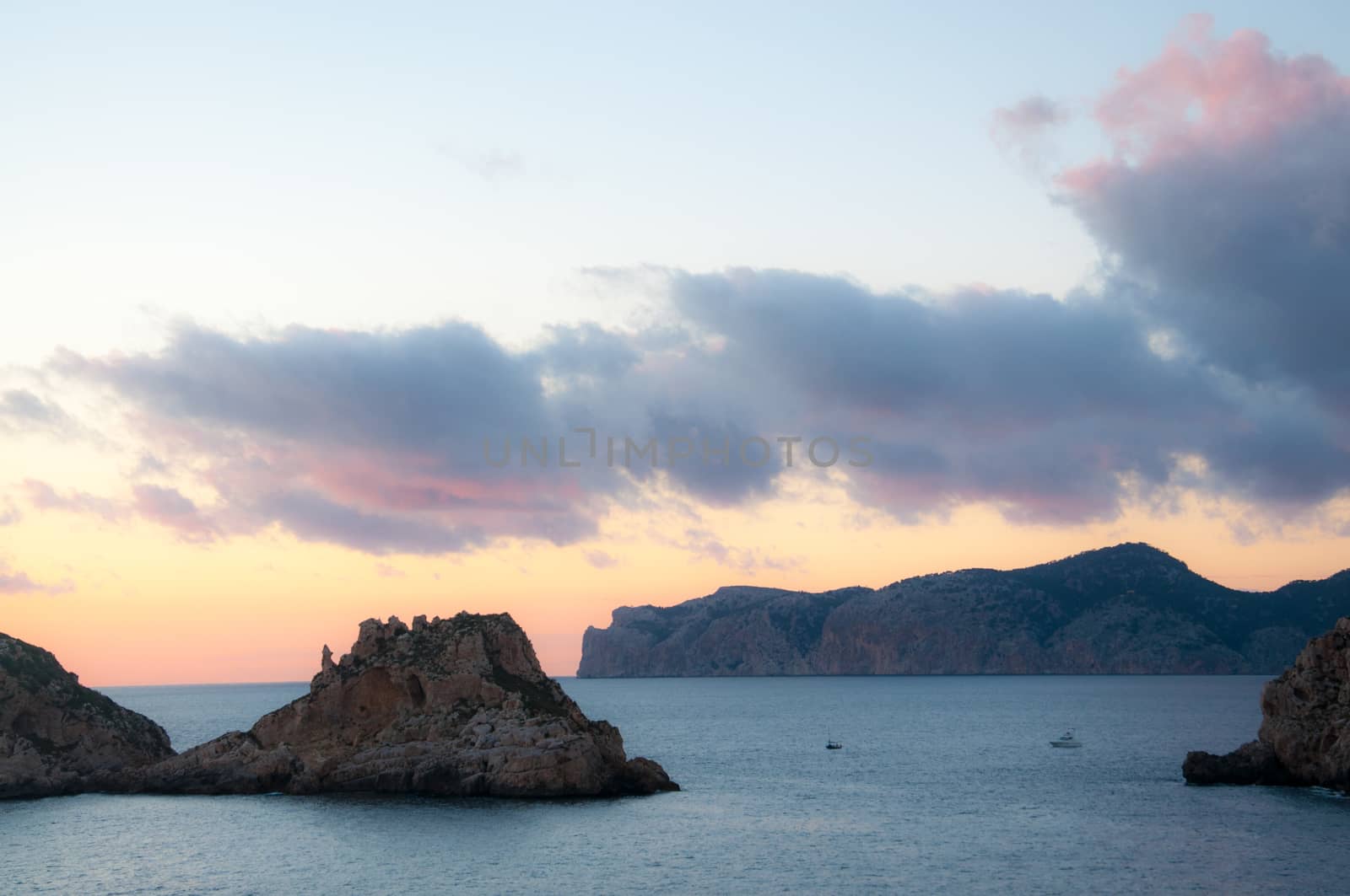 Small islands and sunset, February, Es Malgrat, Majorca, Spain.