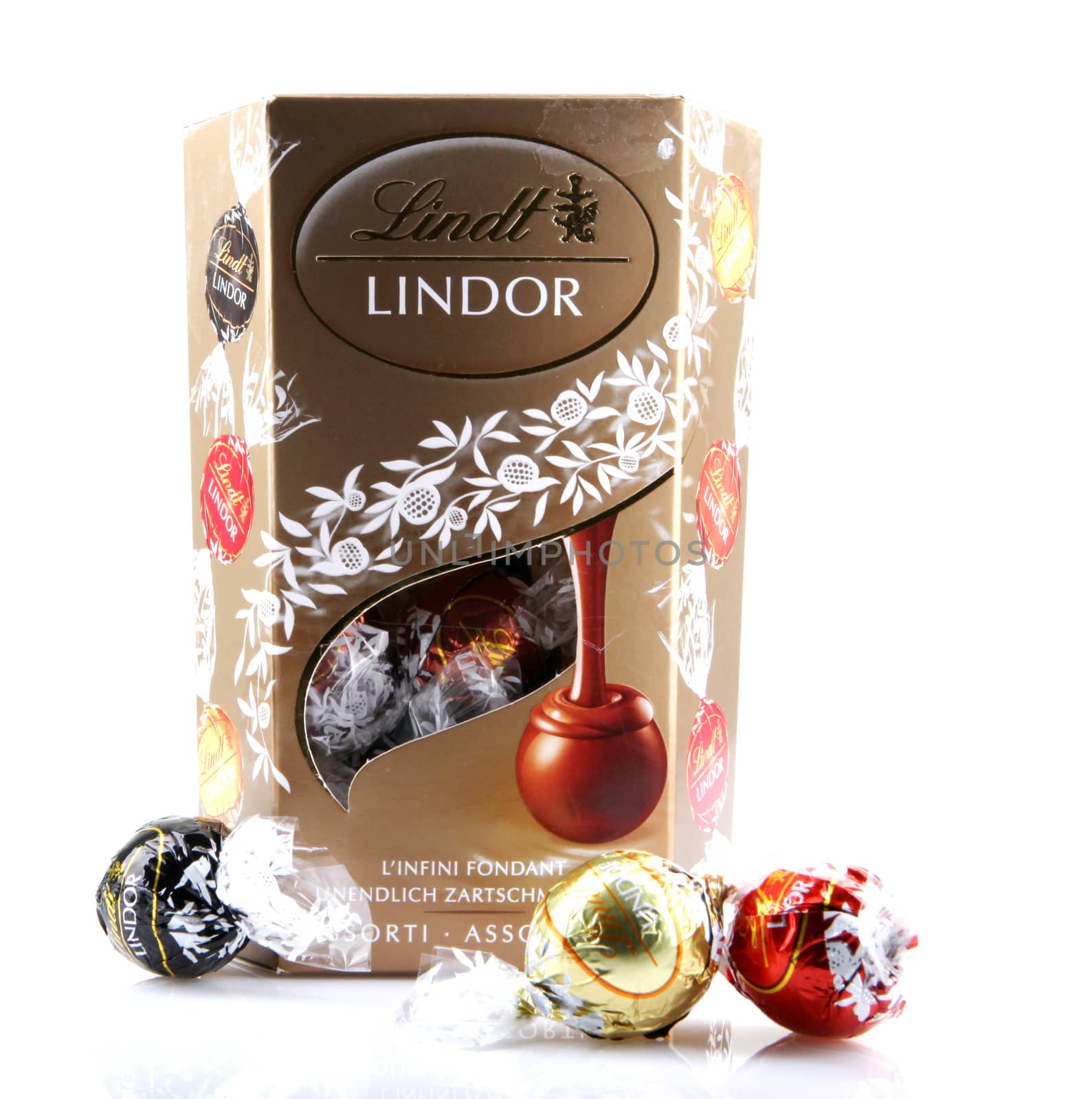 AYTOS, BULGARIA - APRIL 02, 2014: Milk Chocolate LINDOR truffle. Lindt & Spr��ngli is recognized as a leader in the market for premium quality chocolate.