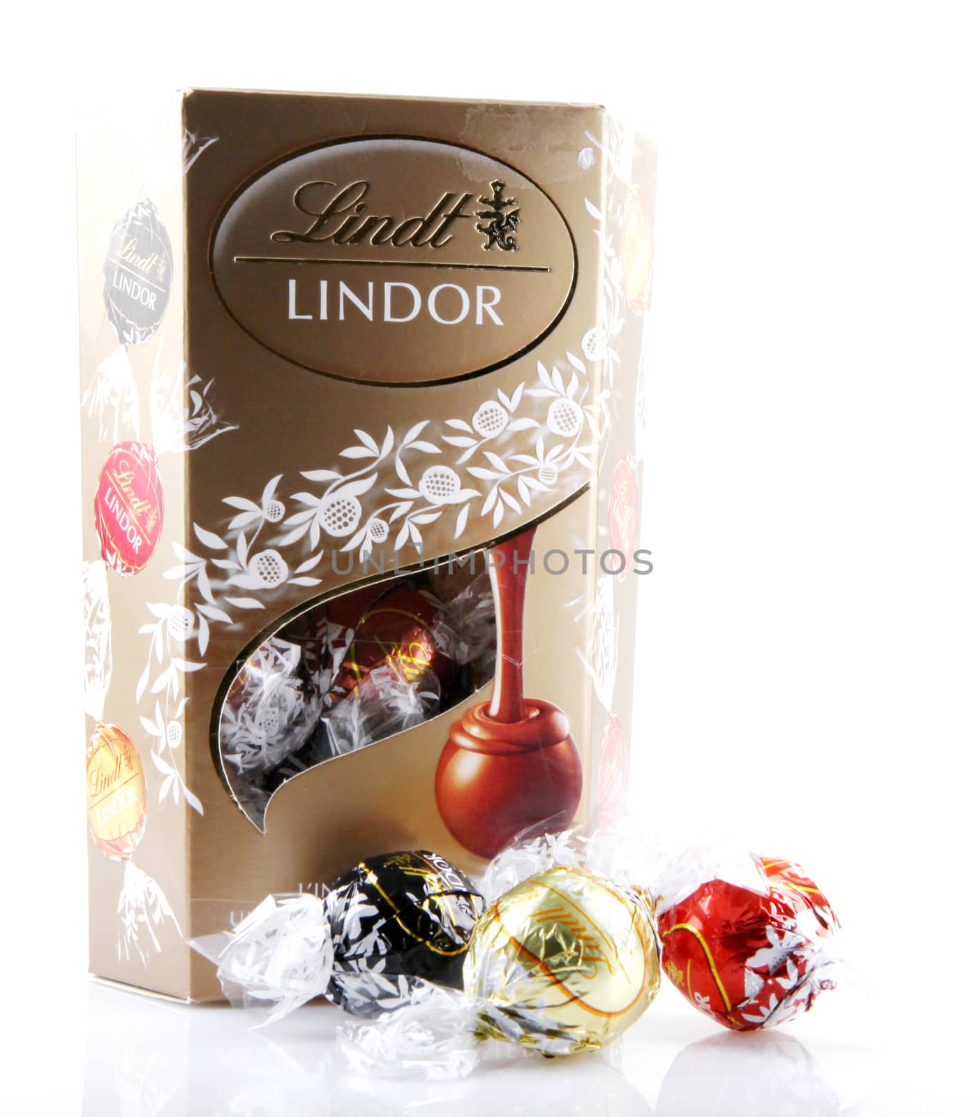 AYTOS, BULGARIA - APRIL 02, 2014: Milk Chocolate LINDOR truffle. Lindt & Spr��ngli is recognized as a leader in the market for premium quality chocolate.