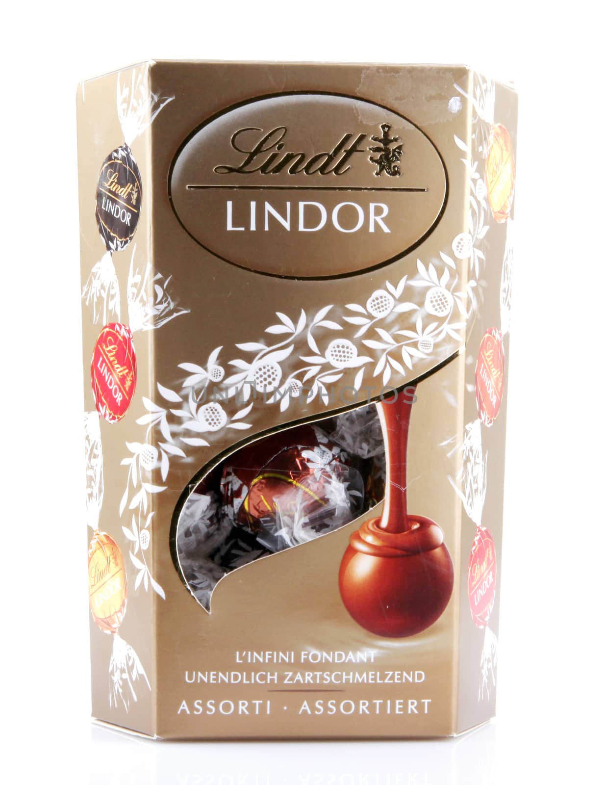 AYTOS, BULGARIA - APRIL 02, 2014: Milk Chocolate LINDOR truffle. Lindt & Spr��ngli is recognized as a leader in the market for premium quality chocolate.