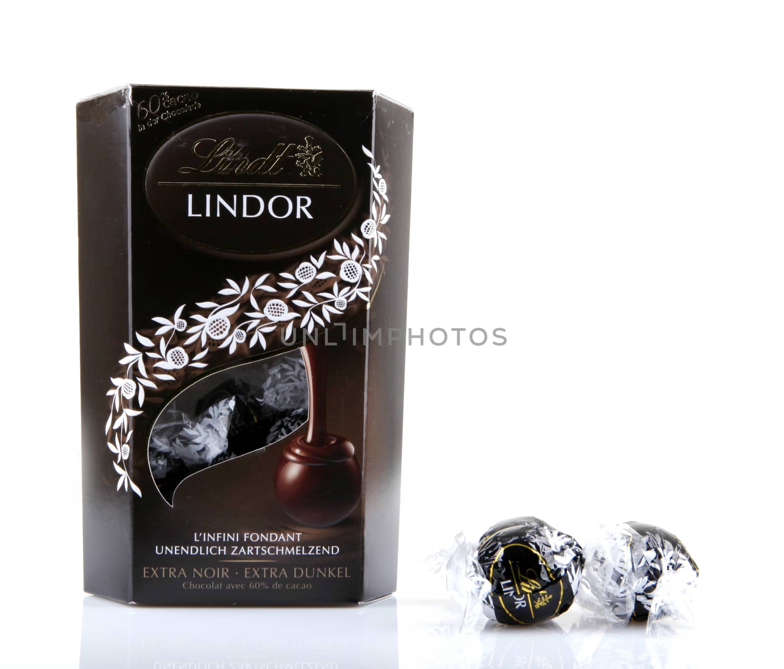 AYTOS, BULGARIA - APRIL 02, 2014: Milk Chocolate LINDOR truffle. Lindt & Spr��ngli is recognized as a leader in the market for premium quality chocolate.